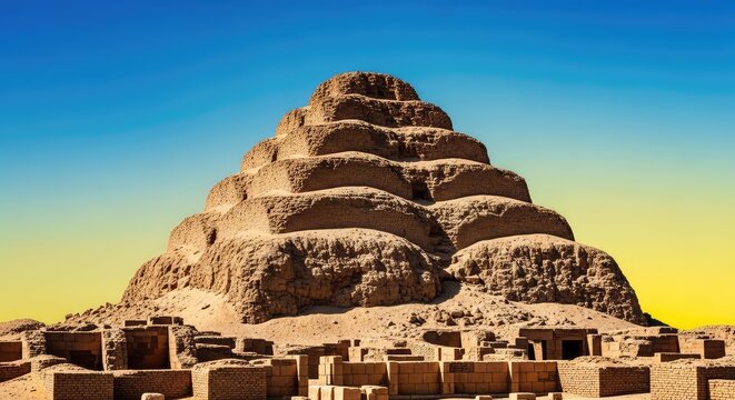 A massive stepped pyramid made of weathered mud bricks rises from the desert sand under a bright sky amidst ruined ancient temple walls, walls, vintage, structures