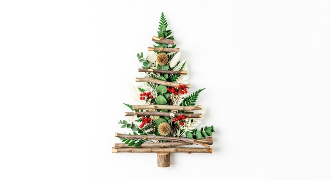 A minimalist festive tree design crafted from natural wooden branches and dried botanical elements, centered on a clean white background, leaves, natural, white