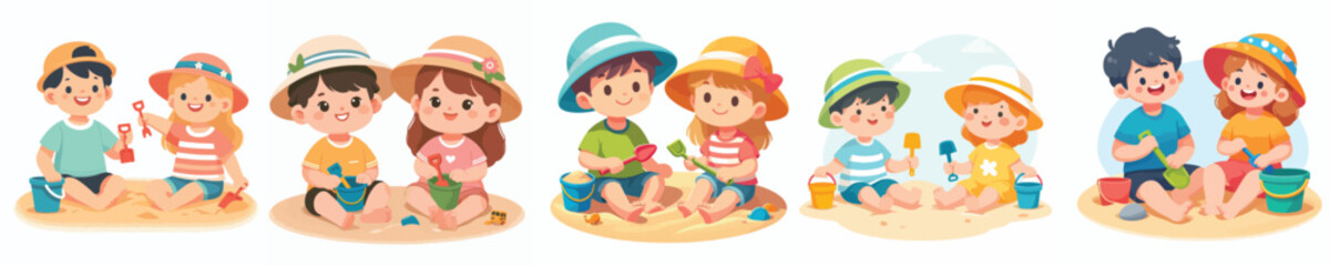 vector of a two children sitting on the sand holding sand shovels in summer © Vector