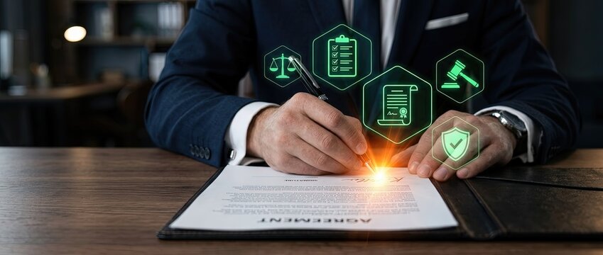 Signing legal documents in a modern office setting with digital signatures and legal icons professional environment close-up view business concepts