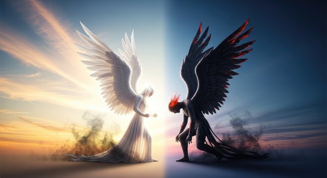 A powerful celestial presence with massive white wings confronts a fallen dark entity with black wings amidst a dramatic sky of light, radiance, feathers, balance