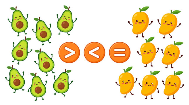 Comparing cute fruits avocados and mangos with greater than less than and equal signs