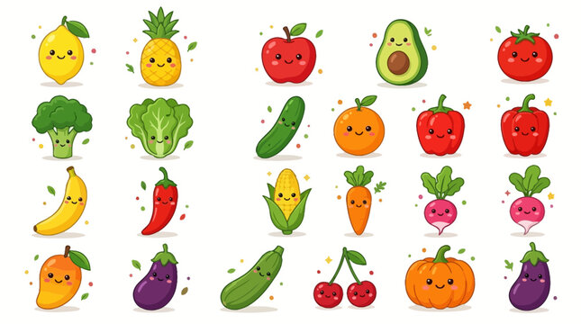 Charming kawaii fruits and vegetables collection a delightful and whimsical cartoon illustration