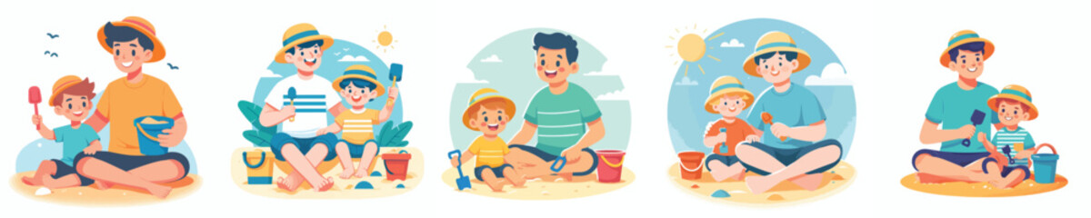 vector of a father and child sitting on the sand holding sand shovels in summer © Vector