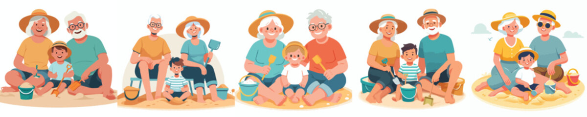 vector of a grandparents and grandchild sitting on the sand holding sand shovels in summer © Vector