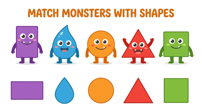 Colorful monsters and corresponding shapes a matching game for early childhood education
