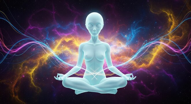A serene extraterrestrial entity with glowing skin sits in a meditative pose surrounded by swirling nebulas and vibrant celestial power, fantasy, yoga, cosmic