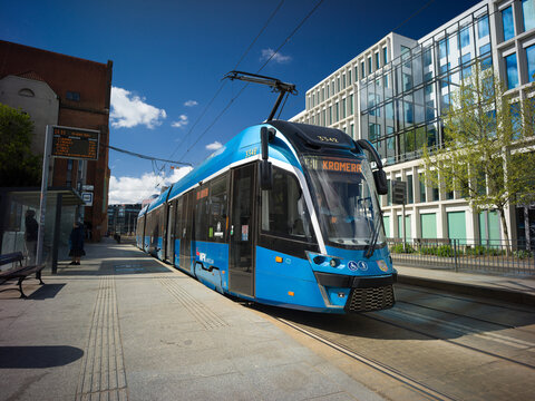 Wroclaw, Poland, 24th April 2026, Tram from the MPK tramway network and public transportation infrastructure