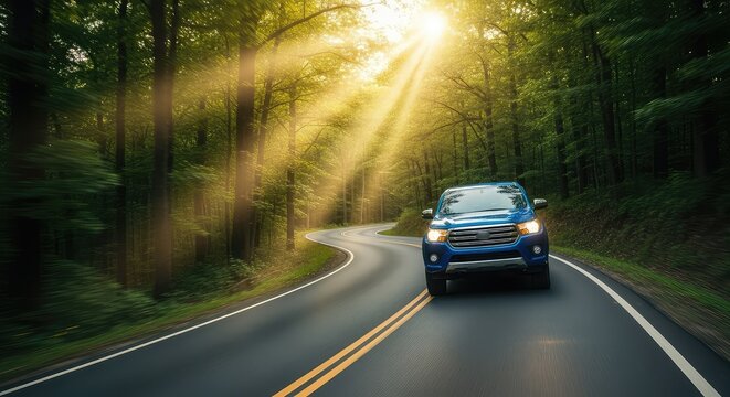 A vibrant blue pickup truck drives fast along a curved asphalt road deep within a lush green forest as golden sunlight beams through trees, asphalt, bright, driving