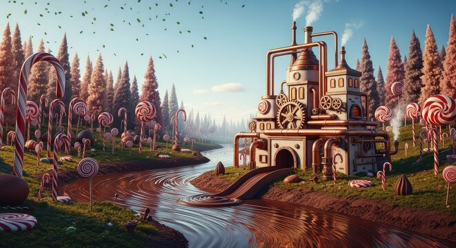 An enchanted landscape featuring a whimsical factory with copper pipes beside a flowing river of liquid cocoa amidst candy cane forests, vibrant, bright, festive