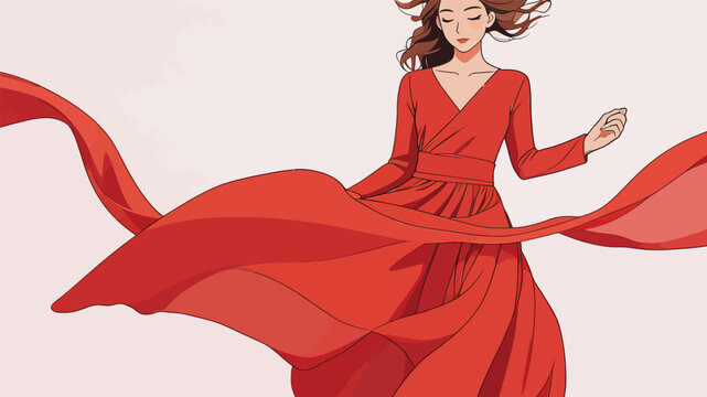 Elegant woman in flowing red gown with floating fabric