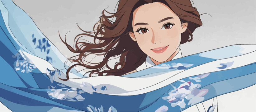 Elegant female with flowing hair and printed silk scarf