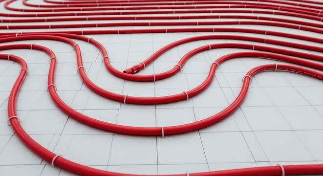 Close-up of red flexible pipes installed in a winding pattern on a gray insulation base for an energy-efficient indoor home heating system, radiant, infrastructure, domestic