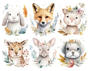 Obraz premium Charming watercolor animal portraits with flowers.