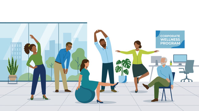 Diverse employees stretching and exercising in corporate wellness program