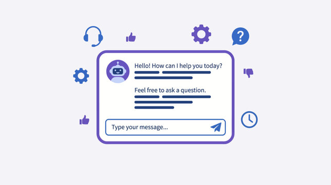 Chatbot interface with AI bot icon, conversation bubble, and support icons