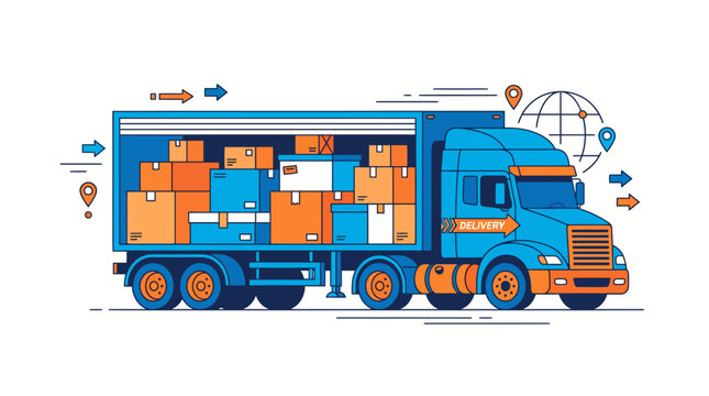 Delivery truck loaded with cargo boxes, logistics and transportation concept