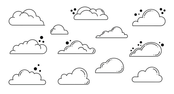 Large collection of various fluffy cloud shapes in black outline style with small decorative dots representing rain or atmosphere.