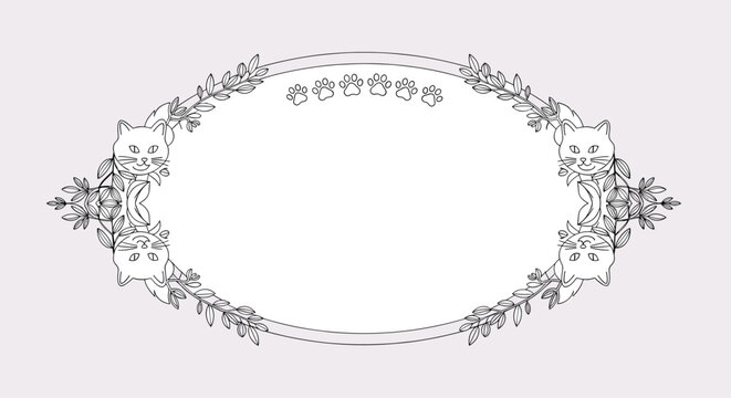 Decorative oval frame featuring small cat head illustrations and tiny paw prints around the border in a black outline sketch style.