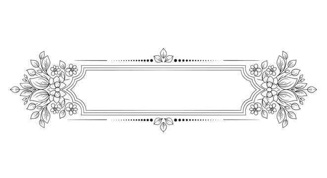 Elegant wide rectangular frame bordered by thin lines and ornate floral clusters with leaves and small blossoms in black ink.