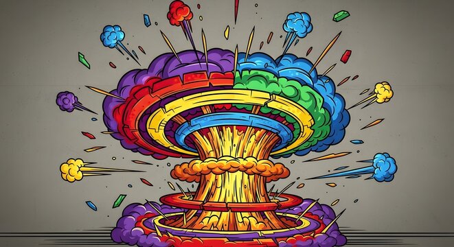 Vibrant Multi-Colored Rainbow Mushroom Cloud Explosion Illustrating Abstract Creative Energy and Powerful Impact in Comic Style Art