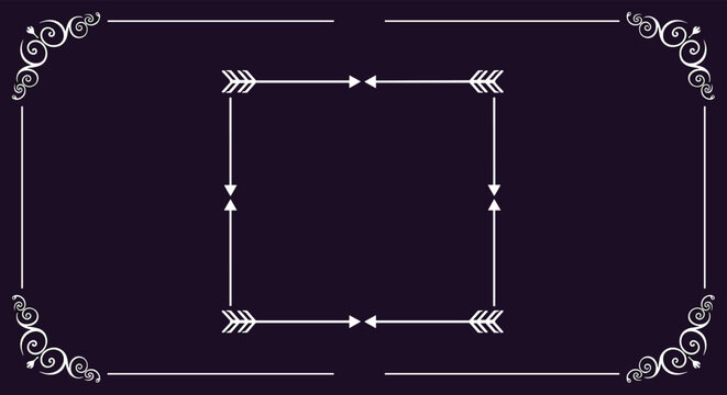 Elegant vintage frame with decorative corners and arrow borders on a dark purple background for sophisticated design.