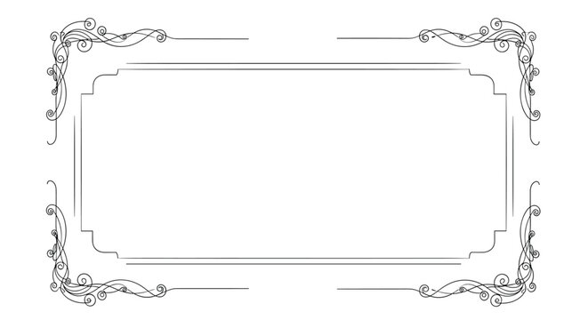 Large empty vintage frame with elaborate flourish corners and thin black line borders isolated on a white background.