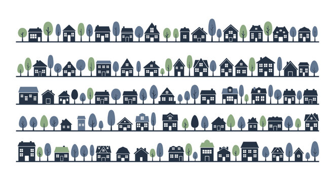 Five rows of stylized blue and green houses and trees in a flat design repeating pattern on a white background.