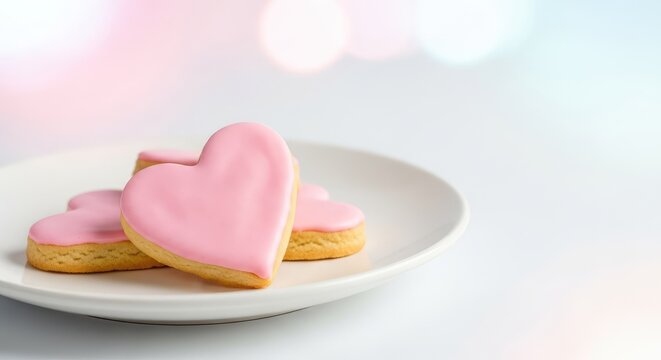 Homemade heart shaped butter cookies served on a minimalist white plate with light pink frosting and a soft focus dreamy background bokeh, sugar, tasty, pastry