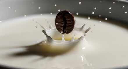 Fototapeta premium Roasted Coffee Bean Dropping into Milk Splash
