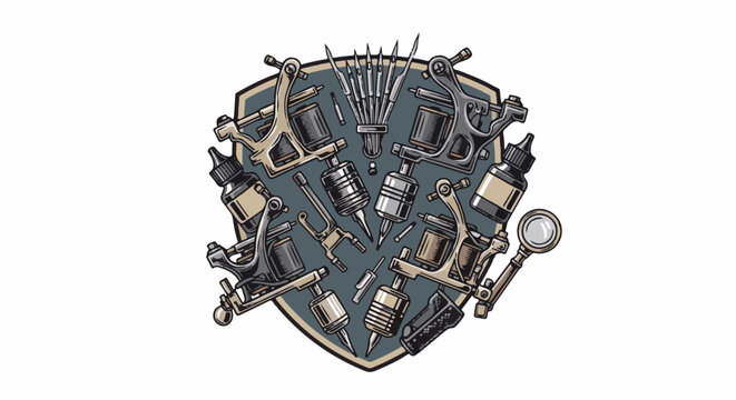 Collection of tattoo machines, needles, ink, and magnifying glass on shield