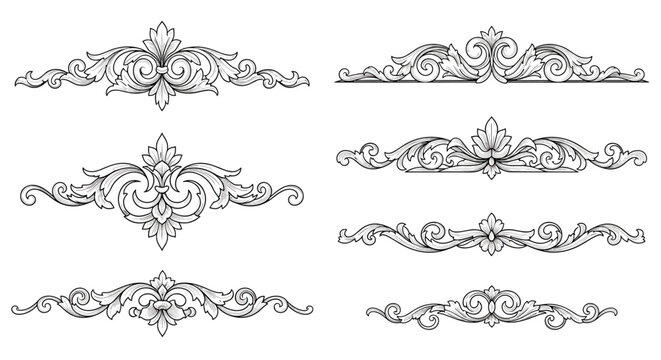 Collection of various ornate classical scroll designs and decorative borders in a traditional architectural style.