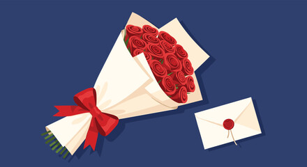 Fototapeta premium Romantic bouquet of red roses wrapped in parchment paper with a red bow and a sealed letter envelope on a dark blue background.
