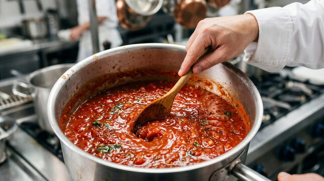 Chef stirring tomato sauce in large pot in professional kitchen  