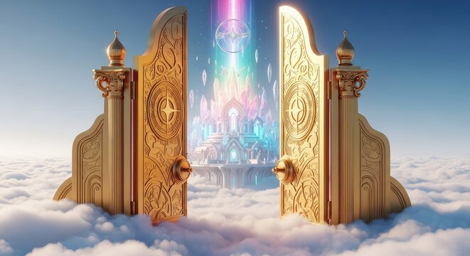 Magnificent golden gates open wide to reveal a glowing celestial sanctuary set high above a dreamlike landscape of soft and white clouds, bright, spectacular, kingdom