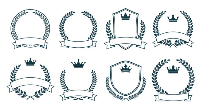 Comprehensive set of classic heraldic crests featuring laurel wreaths, banners, shields, and crowns in a professional dark blue color.