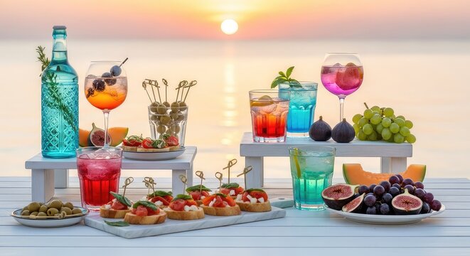 Raffinato aperitivo estivo su tavole di legno bianche con calici colorati, stuzzichini freschi, frutta e lo sfondo del mare al tramonto, spiaggia, cocktail, lifestyle