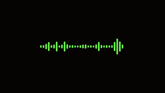 Animated green audio equalizer bars visualizing sound waves and voice activity. A simple waveform loop for podcasts, radio, and music videos on a black background