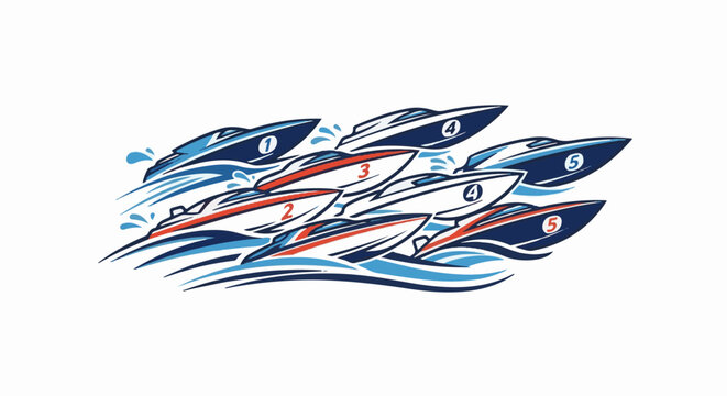 Dynamic illustration of speedboats in a race, cutting through blue and white waves