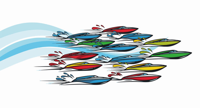 Multiple colorful speedboats racing on water with spray effects