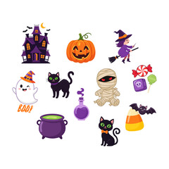 Fototapeta premium Cute Halloween Kawaii Sticker Set with Spooky Characters and Candy
