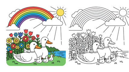 Naklejka premium Cute Cartoon Duck Family with Ducklings by Flowers, River, Rainbow, and Sun