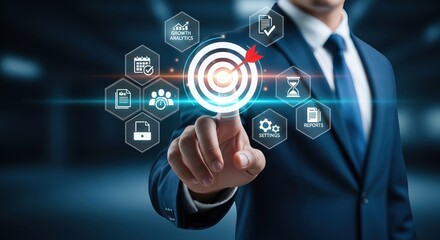 Fototapeta premium Business Analyst using digital dashboard on virtual screen. Pointing at bullseye target with arrow, interacting with growth analytics, reports, and settings, and goal-driven business strategy concept.