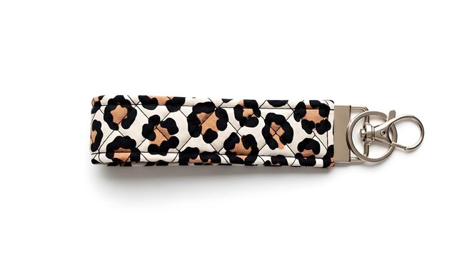 Quilted leopard print fabric wristlet keychain isolated on white background