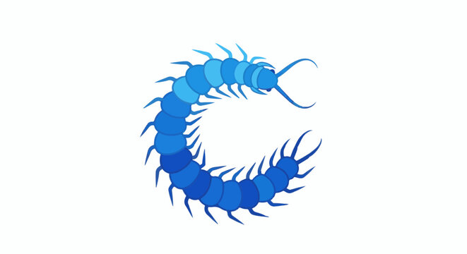 A stylized blue centipede arches in a crescent shape against a white background