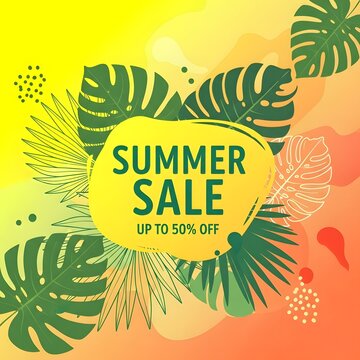 Bright tropical summer sale banner with green palm and monstera leaves over colorful yellow orange background for seasonal marketing discount offer