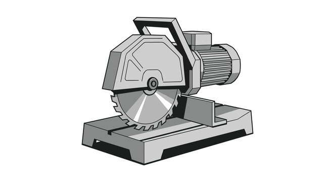 A stationary circular miter saw machine sits on a flat metal platform featuring a prominent electric motor and a sharp serrated blade for metal cutting work.