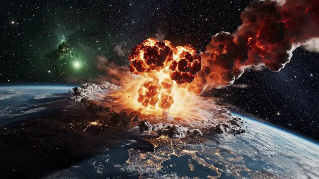 Catastrophic Impact Event of a Massive Asteroid Entering Earth's Atmosphere with Fiery Trail Over City Lights for Sci-Fi Documentaries and Disaster Movie Trailers.