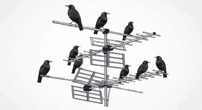 Nine black birds perched on a complex silver antenna array