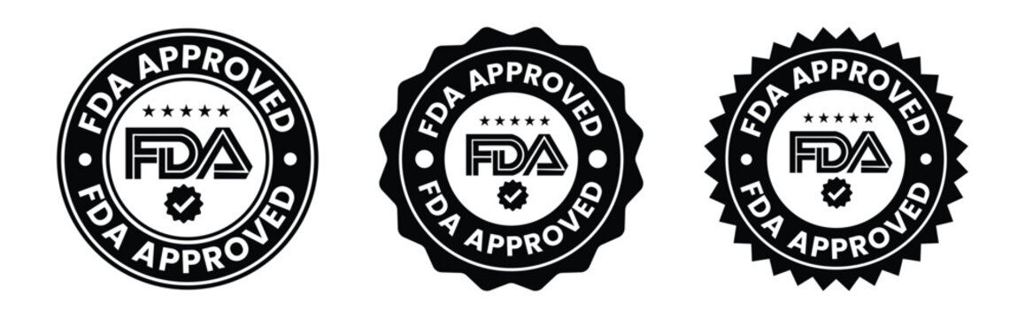 fda approved seals in black three circular emblems with text and stars on white background high quality professional detailed modern elegant stylish clean crisp